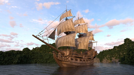 A majestic wooden ship with tall sails glides gracefully across calm waters under a clear blue sky,...