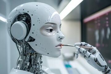 Close up of a futuristic humanoid robot applying lipstick in a laboratory setting, showcasing advanced robotics and artificial intelligence