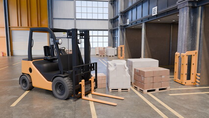 A forklift is positioned in a spacious warehouse, ready to move pallets of materials. Stacks of...