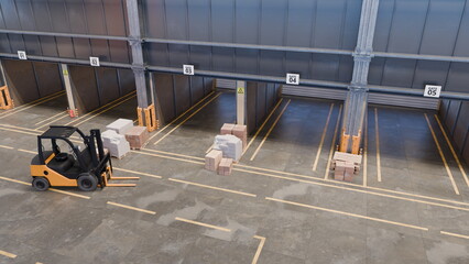 A forklift is maneuvering between neatly stacked pallets in a contemporary warehouse. The loading...