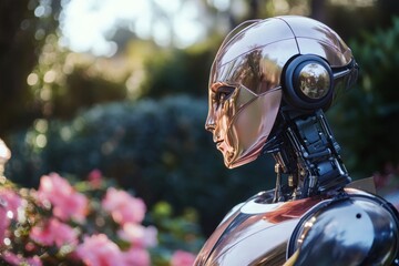 Metallic humanoid robot admiring blooming roses in a garden during a beautiful sunset, exploring nature and enjoying the scent of flowers