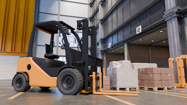 A forklift is actively lifting pallets in a spacious warehouse filled with neatly stacked boxes and packages. Bright lighting highlights the organized work environment. 3d render
