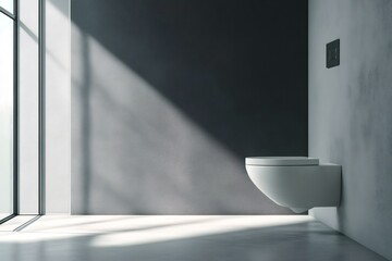 Sleek and modern minimalist bathroom featuring a wall hung toilet, concrete walls, and large window, illuminated by natural light