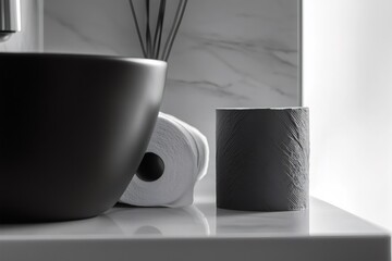 Black and white photo featuring two toilet paper rolls, one charcoal gray and one white, sitting on a bathroom counter next to a modern sink