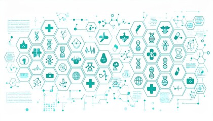 Abstract teal medical icons and symbols on white background. Network of healthcare concepts. Digital illustration.
