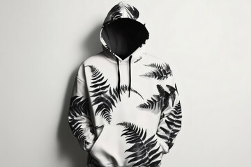 Stylish casual hoodie featuring a striking monochrome fern leaf design, adding a touch of nature to modern streetwear