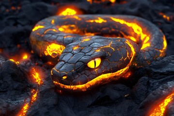 Glowing volcanic snake with cracked skin slithering over molten lava, creating a mesmerizing spectacle of nature's power