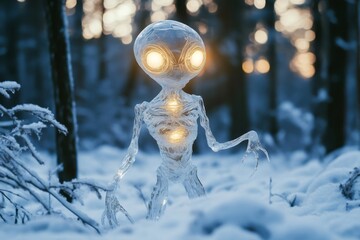 Glowing glass alien exploring snowy woods at sunset, creating a mysterious and otherworldly scene