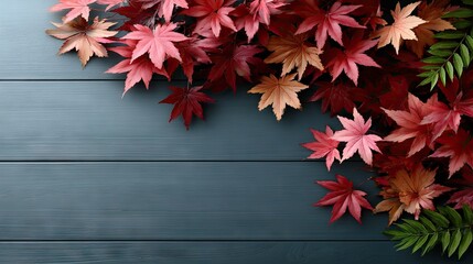 Vibrant autumn leaves creating a beautiful border on a rustic wooden table with ample space for text in a cozy fall setting