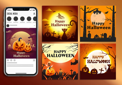 Halloween Social Media Post Template Set &ndash; Spooky Party & Trick or Treat Bundle (AI Format)