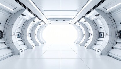 Futuristic white corridor with bright light at the end, clean and sleek design.