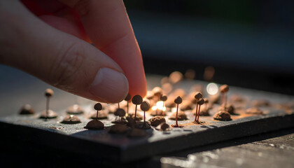 Close-Up of Hand Placing Tiny Rust Dot Sprouts on a Corroded Surface