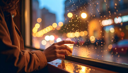 Close-Up of Rain Spatter on Window with Soft Cafe Lighting