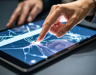 Close-Up of a Finger Touching a Cracked Glass Tablet Screen