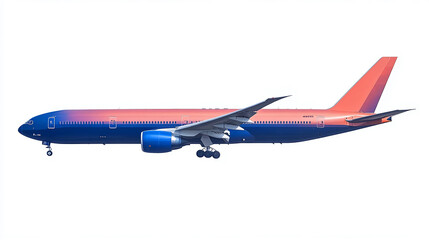 Side view of a large airplane with blue and orange color scheme against a white background in the sky