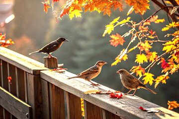 Birds perched on wooden railing with autumn leaves warm lighting