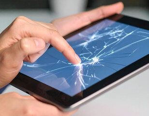 Close-up of Hand Touching a Cracked Tablet Screen Showing Fractures