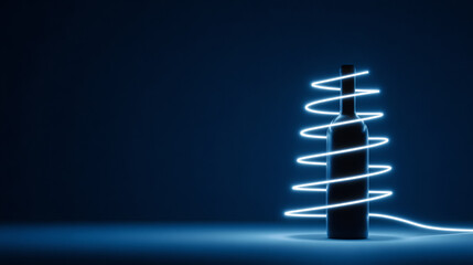 Dark wine bottle wrapped spiral neon light. Abstract glow line on beverage container. Modern elegant still life for celebration background.