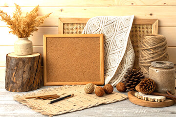 Rustic cork and fabric textures on wood with earthy vintage aesthetic