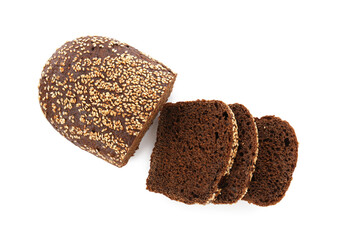 Cut fresh rye bread isolated on white, top view