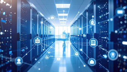 Abstract image of a futuristic data center with glowing network connections and server racks.