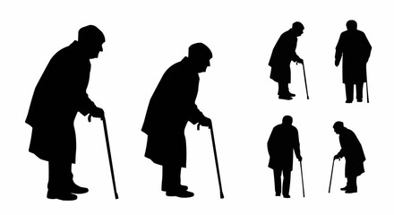 Obraz premium Elderly Person Walking with Cane Silhouette Set – Senior Walking Poses in Vector Style on White Background