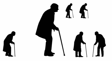 Obraz premium Elderly Person Walking with Cane Silhouette Set – Senior Walking Poses in Vector Style on White Background