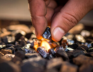 Glowing Ember Pulsing in Hearth Ashes as Blacksmith Works
