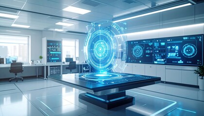 Futuristic laboratory interior with a holographic projection on a glass table, featuring glowing blue technology and sleek white desks.