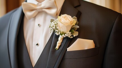 A man in a black suit with a white shirt and a white rose boutonniere on his left lapel.