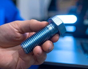 Polished Chrome Bolt Captured in Neon Shop Lights with Close Focus
