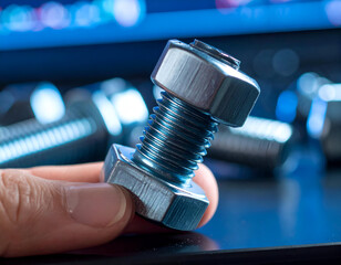 Polished Chrome Bolt with Neon Shop Lights in Close Perspective