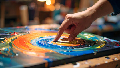 Close Capture of Spilled Paint Swirling on Primed Canvas