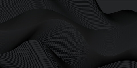 Black abstract background design. Modern wavy line pattern (guilloche curves) in monochrome colors. Premium stripe texture for banner, business backdrop. Dark horizontal vector template