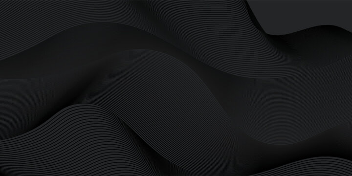 Black abstract background design. Modern wavy line pattern (guilloche curves) in monochrome colors. Premium stripe texture for banner, business backdrop. Dark horizontal vector template