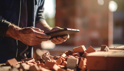 Hands Holding Tablet Above Brick and Mortar Construction Site