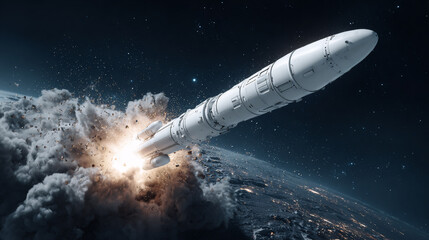 Large white rocket launching from earth into space. Space exploration and travel concept. Modern transportation for cosmic flight.