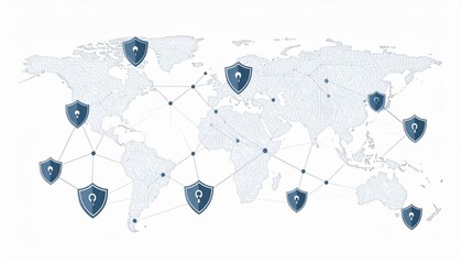 Global network security, symbolized by a world map with interconnected security shields.