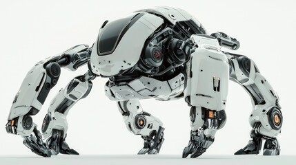 Naklejka premium A white and black robot with a sleek, futuristic design, standing on two legs with long, slender arms and legs