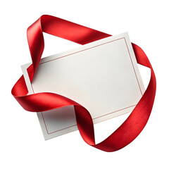 Blank white card with red satin ribbon tied around it and isolated on transparent background
