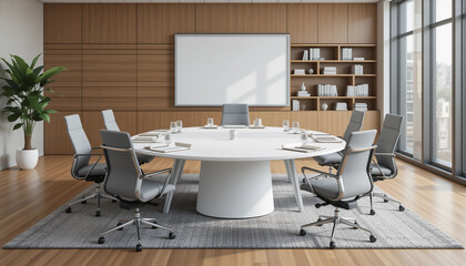 Beige and wooden meeting room interior