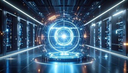 Futuristic data sphere in a modern server room. Blue and orange lights illuminate the scene.