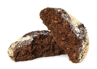 Pieces of fresh rye bread with seeds isolated on white