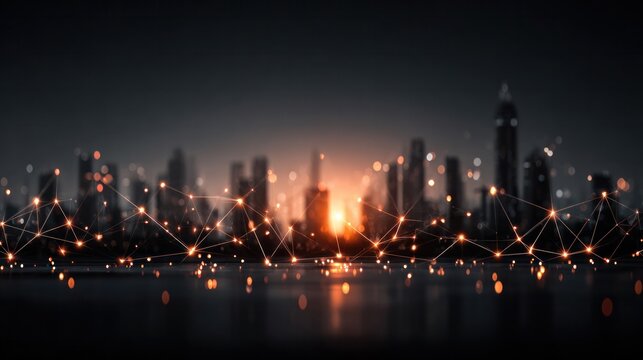 Abstract tech silhouette skyline with glowing circuits, symbolizing urban data infrastructure - Powered by Adobe
