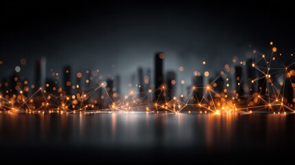 Fototapeta premium Digital cityscape silhouette illuminated by neon nodes, representing smart urban connectivity