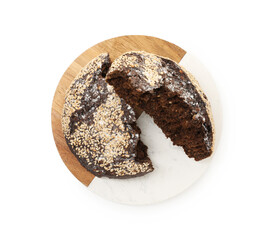 Pieces of fresh rye bread with seeds isolated on white, top view