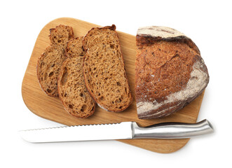 Pieces of fresh bread and knife isolated on white, top view