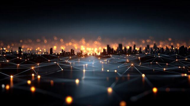 Futuristic cityscape with glowing nodes, symbolizing interconnected digital networks in a data-driven world