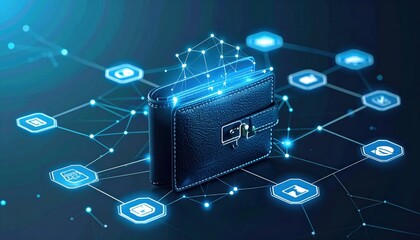 Digital wallet, glowing icons, network connections, dark blue background. Cybersecurity and finance concept.