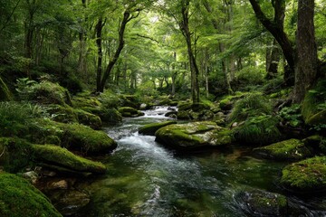 Obraz premium Lush green forest stream flows over moss-covered rocks, sunlight dappled through canopy